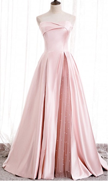 Asymmetric Strapless Slice Baby Pink Prom Gowns