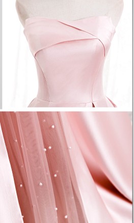Pink Strapless Satin and Tulle Splice Prom Ball Gowns KSP582