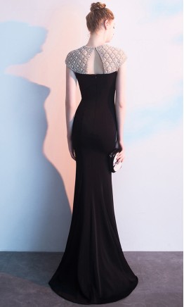 Black Mermaid Prom Dress with Embellished Round Neck & Cut-out Back KSP583