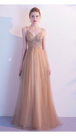 Gold Champagne Prom Dresses with Tie Spaghetti Straps KSP584