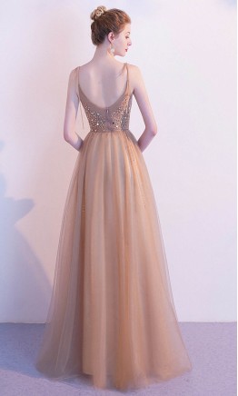 Long champagne gold glitter A-line prom dress with tie-up spaghetti straps and sweetheart neckline KSP584