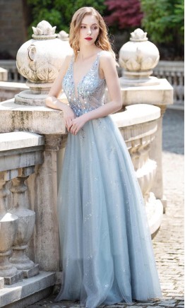 Embellishment Long Ice Blue Prom Dresses