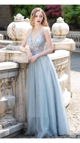 Puffy Ice Blue Prom Dresses Flower Pattern Embellishment KSP586