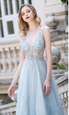 Puffy Ice Blue Prom Dresses Flower Pattern Embellishment KSP586