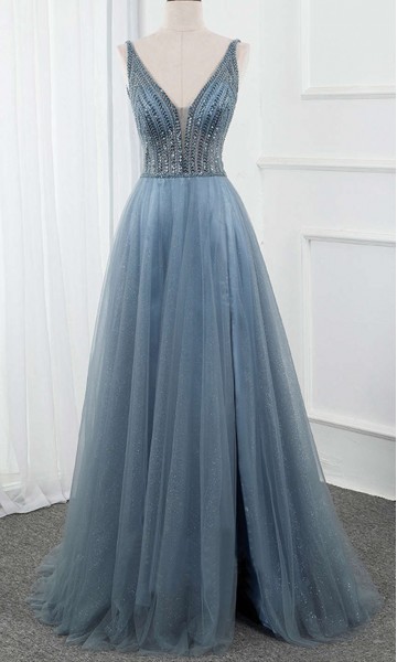  Bluish Gray Sequin Illusion Shimmer Long Prom Gowns KSP587