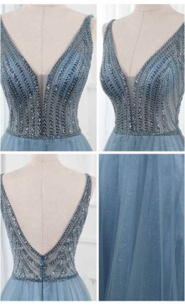Bluish Gray Sequin Illusion Shimmer Long Prom Gown KSP587