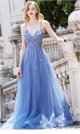 Royal Blue Spaghetti Sheer V-neck Long Prom Dresses