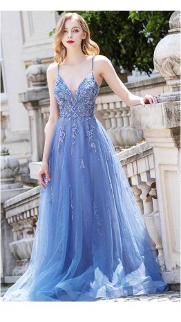 Royal Blue Spaghetti Sheer V-neck Long Prom Dresses KSP588