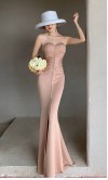 Blush Pink Satin Mermaid Prom Dresses with Front Slit KSP589