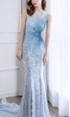 Blue Ombre Glitter Sequin Mermaid Prom Dresses with Train KSP590