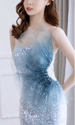 Blue Ombre Glitter Sequin Mermaid Prom Dress with Train KSP590