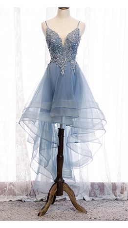 High Low Blue Applique Prom Dresses with Spaghetti Straps KSP591