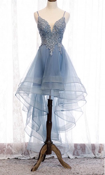 High Low Blue Applique Prom Dresses with Spaghetti Straps 