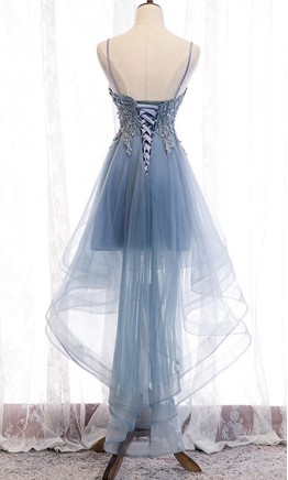 High Low Blue Applique Prom Dresses with Spaghetti Straps KSP591