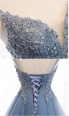 High Low Blue Applique Prom Dresses with Spaghetti Straps 