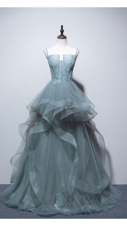 Mist Blue Shimmery Prom Gowns Butier Top and Lace Up Back KSP592