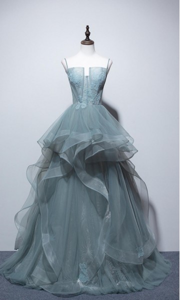 Mist Blue Shimmery Prom Gowns Bustier