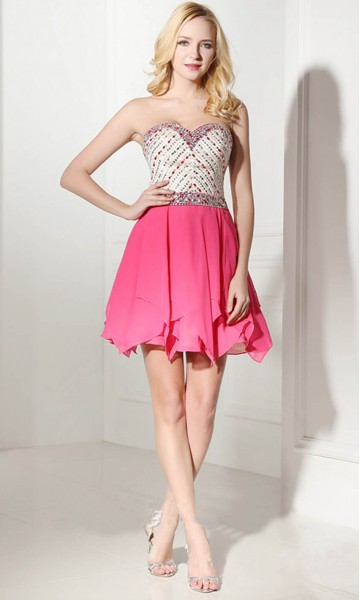 Hot Pink Short Prom Dresses With embellishment Top KSP595