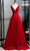 Flattering Deep V-neck Long Red Prom Dresses KSP596