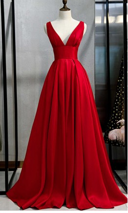 Deep V-neck Long Red Prom Dresses