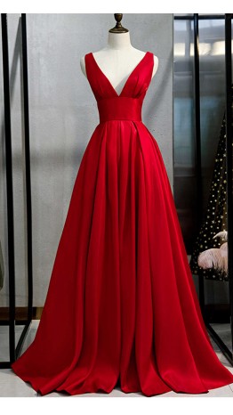 Flattering Deep V-neck Long Red Prom Dresses KSP596