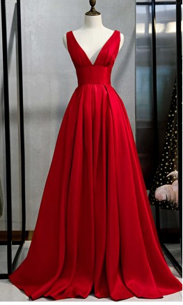 Flattering Deep V-neck Long Red Prom Dresses KSP596