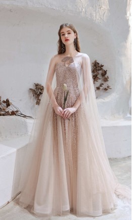 Fairytale Gold Sequin Prom Dresses Opera Cape