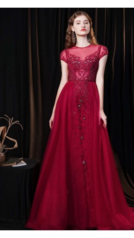 Long Red Luxury Bodycon Prom Dresses with Train Covered KSP598