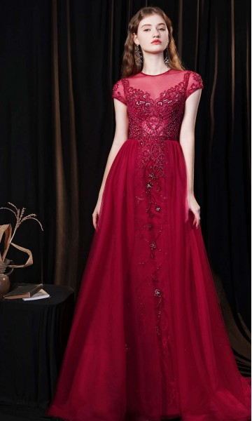 Long Red Bodycon Prom Dresses with Train Covered