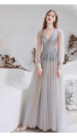 Sparkly Sequined Long Prom Dresses Long Sleeves KSP599