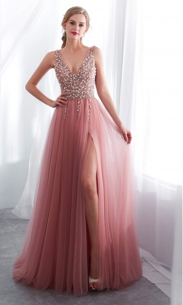 Bedazzled V-neck Long Pink Prom Dresses Thigh Slit 