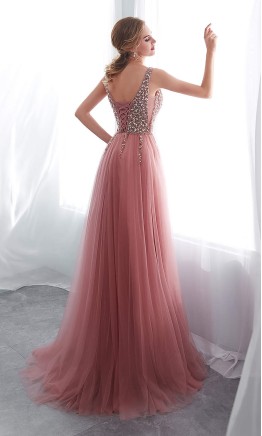 Bedazzled V-Neck Long Pink Prom Dress with Slit KSP600