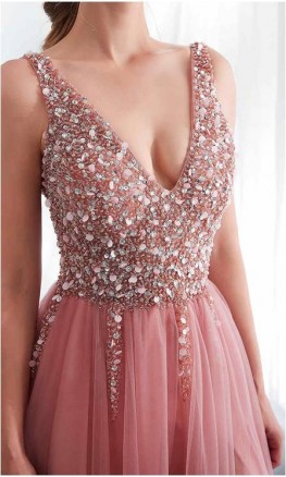 Bedazzled V-neck Long Pink Prom Dresses Slit KSP600