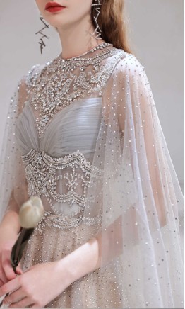 Bedazzled Long Grey Prom Dress with Cloak KSP601