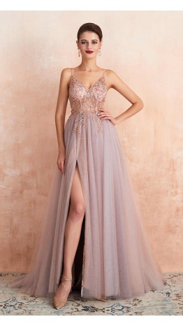 Floral Beading See Throgh Prom Gowns with Slit KSP602