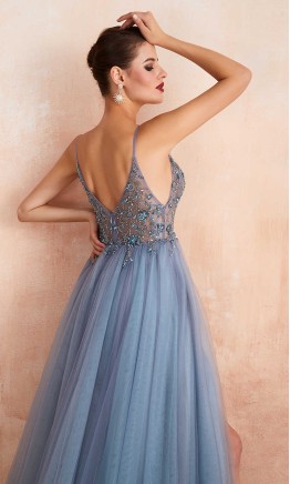 Light purple floral beaded prom gown with sheer bodice and high slit KSP602