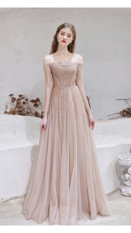 Brown Golden Off Shoulder Corset Prom Gowns KSP603