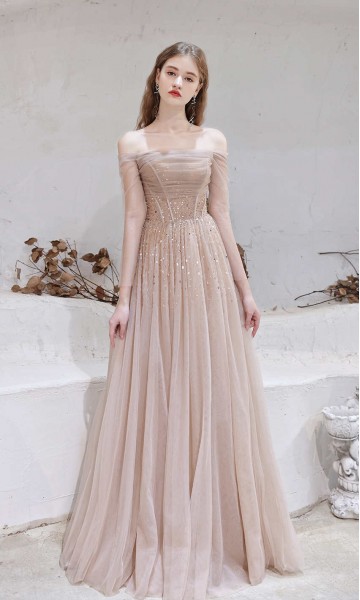 Brown Golden Off Shoulder Corset Prom Gowns