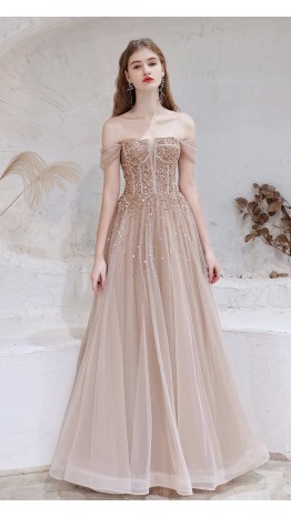 Sequined Off Shoulder Bustier Prom Gowns Cleavage Neck KSP604