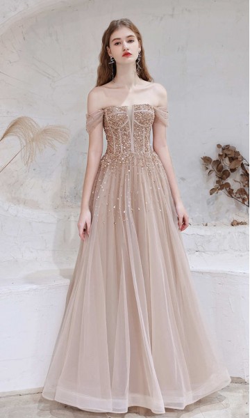 Sequined Off Shoulder Bustier Prom Gowns