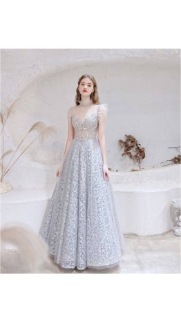 Exquisite Embellished Long Grey Prom Dresses Falbala Edge KSP605