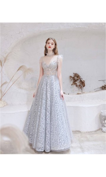 Sparkly Long Grey Prom Ball Gowns with High Illusion Neckline