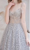 Sparkly Long Grey Prom Ball Gowns with High Illusion Neckline