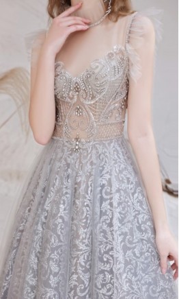 Exquisite Embellished Long Grey Prom Dresses Falbala Edge KSP605