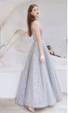 Sparkly Long Grey Prom Ball Gowns with High Illusion Neckline