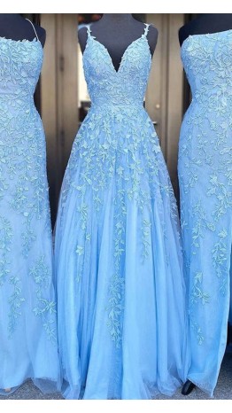 Appliqued and Beaded V-neck Long Light Blue Prom Dresses KSP606