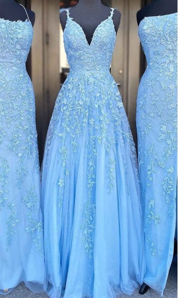 Long Light Blue Appliqued Prom Dresses