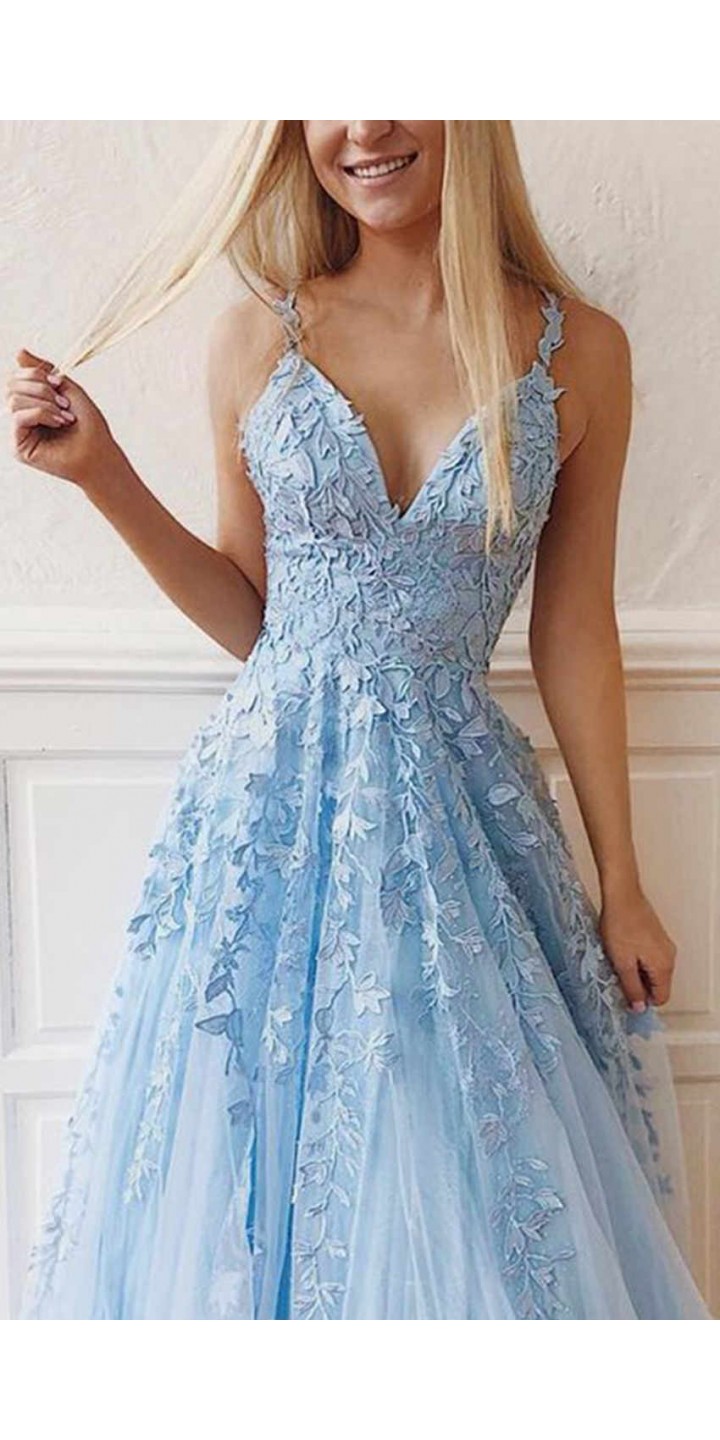 Powder Blue Applique Prom Dresses Long