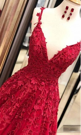 Appliqued and Beaded V-neck Long Light Blue Prom Dresses KSP606