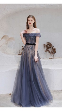 Long Blue Off Shoulder Prom Dresses Pattern Embellished KSP607